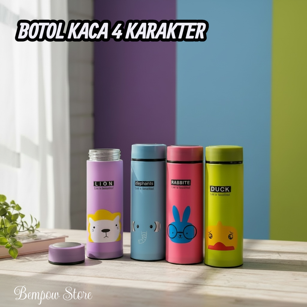 Botol Minum Kaca 4 Karakter Lucu || Tumbler Cute 500ml || Botol Animal Karakter || Tumbler Minum Ana
