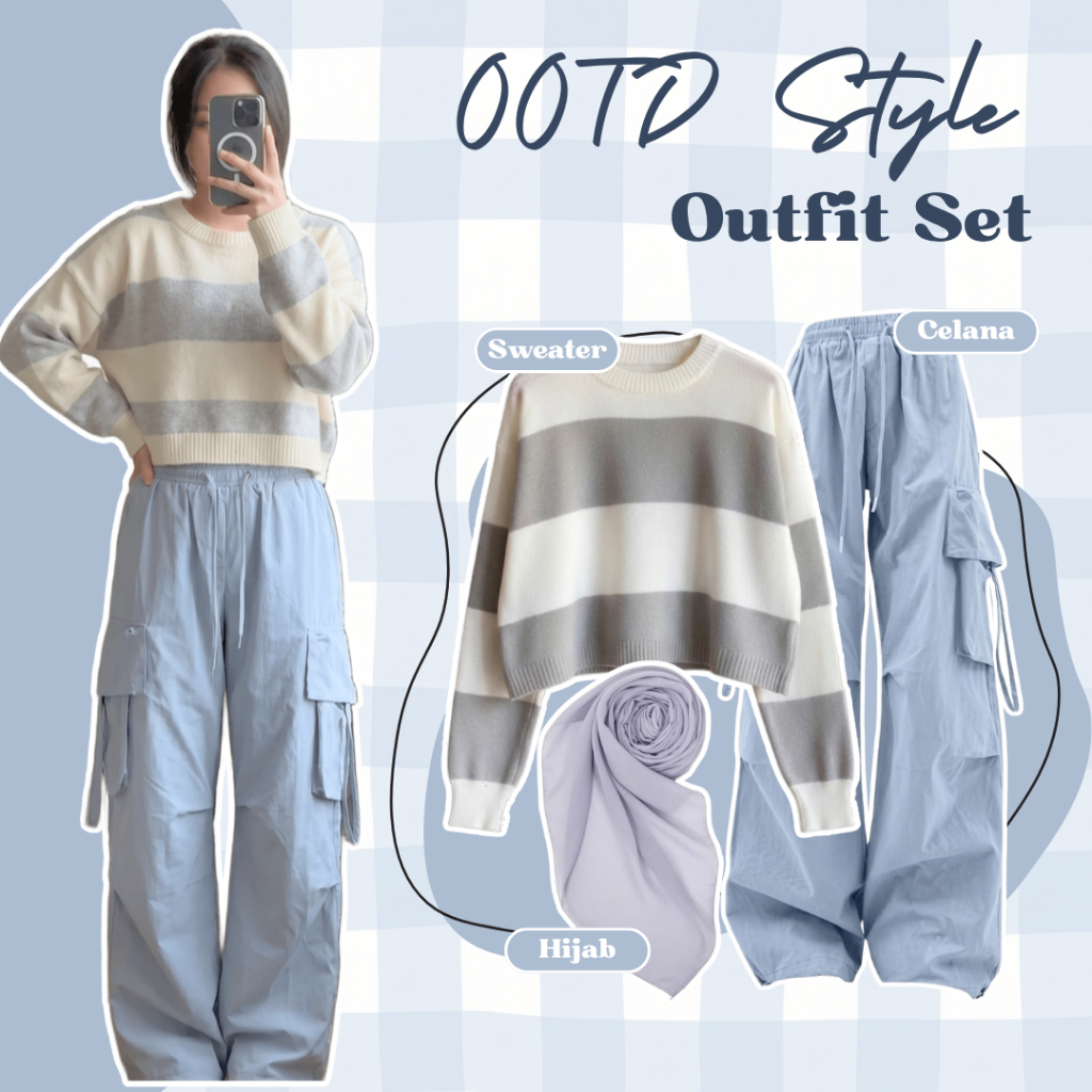 One Set Wanita Remaja | Sweater, Celana Cargo, Hijab | Outfit Casual Wanita, Setelan Outfit Wanita