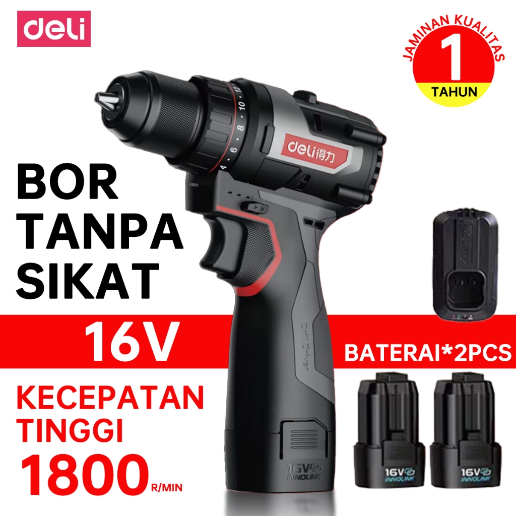 Mini Bor DELI - Bor Tangan Elektrik 16V Rechargeable Serbaguna Lithium Drill 2.0 Dual Battery