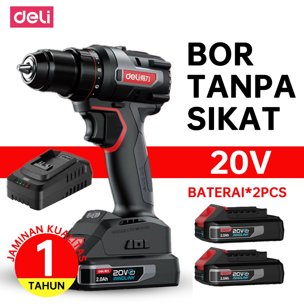 Mini Bor DELI - Bor Tangan Elektrik 20V Rechargeable Serbaguna Lithium Drill 2.0 Dual Battery