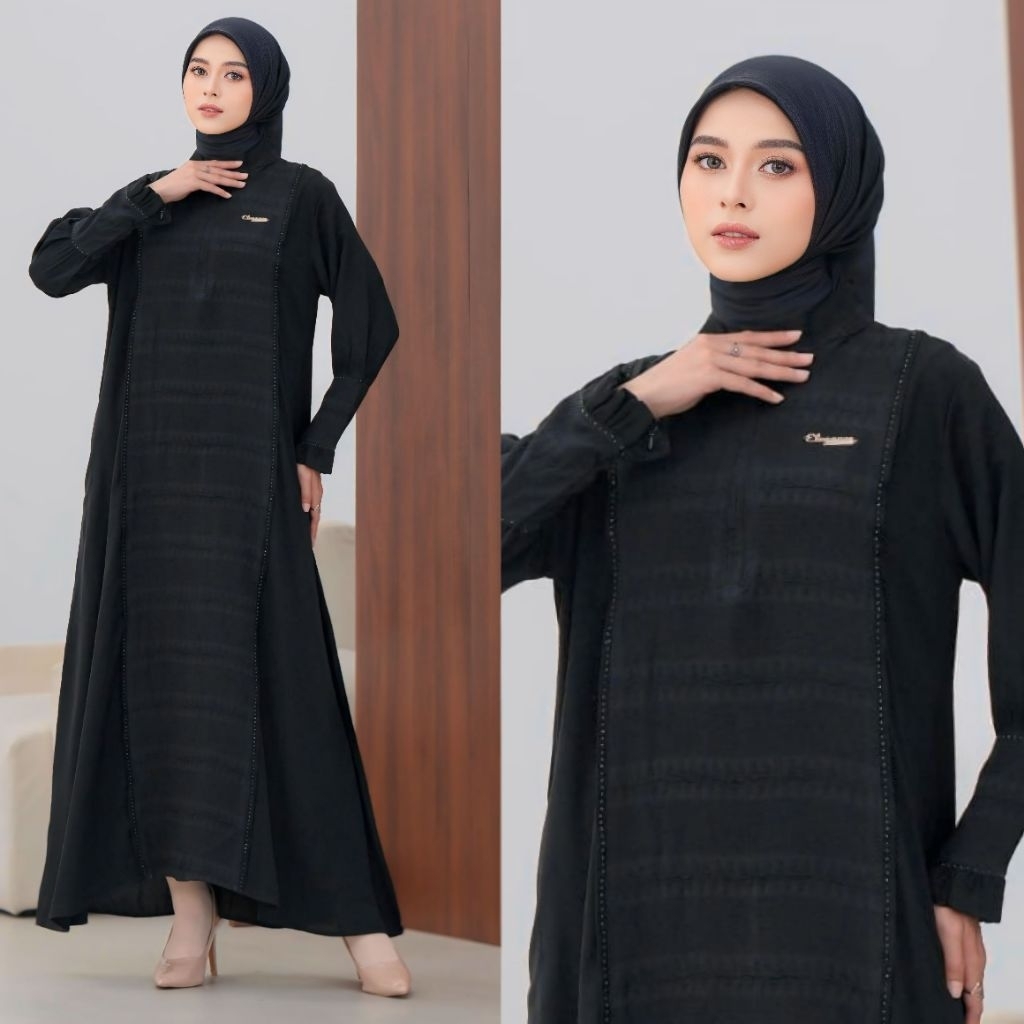 Gamis Abaya Turkey Elegance Humaira Jetblack Jannah Premium Mix Brilian Motif Mewah Anggun Cocok Bua