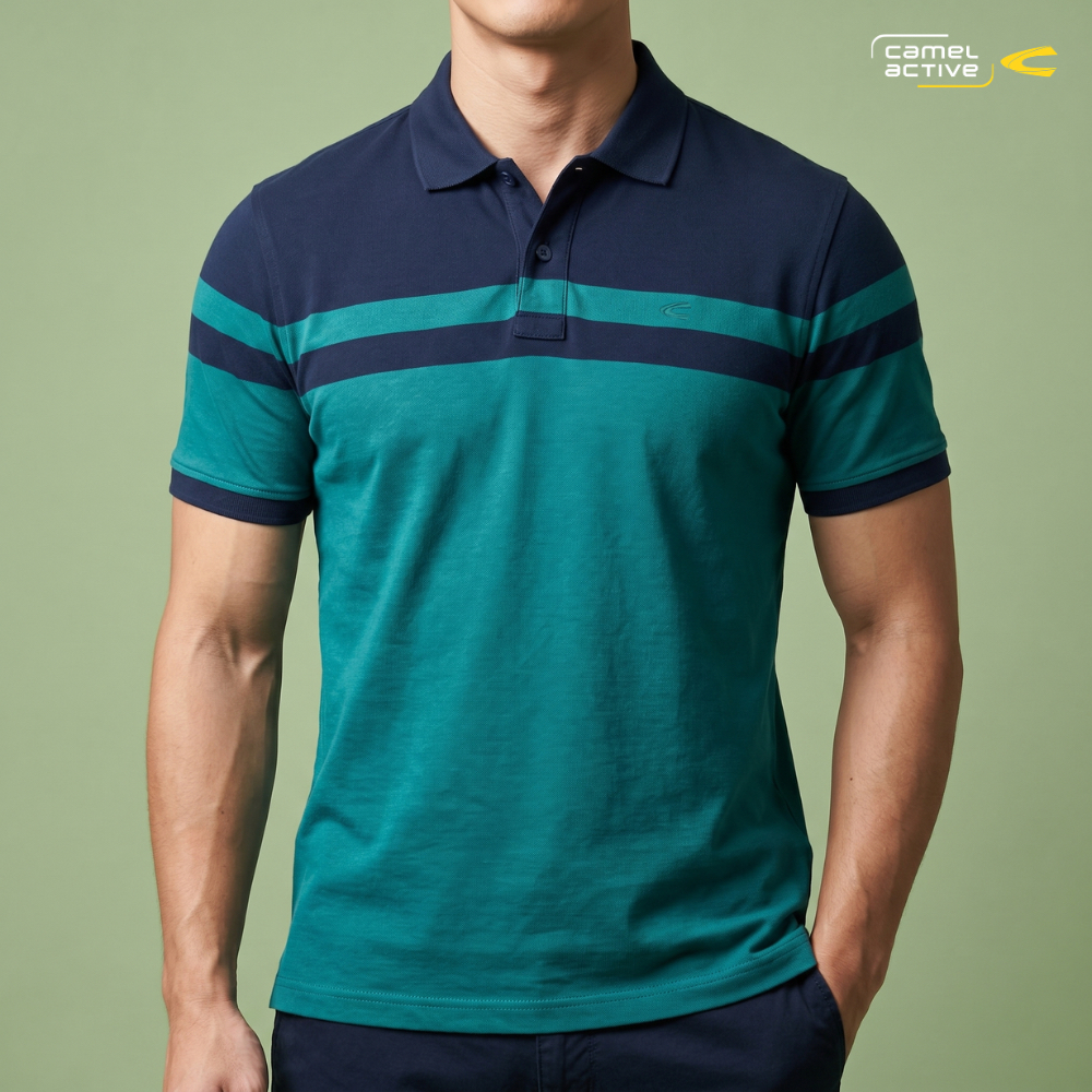 camel active Men's Jasper Navy Stripe Cotton Polo Shirt
