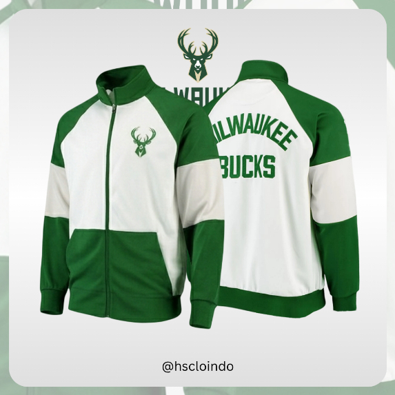 Jaket MILWAUKEE BUCKS NBA Basketball Team Eastern Conference Tracktop Jacket Bahan Katun Fleece Puti