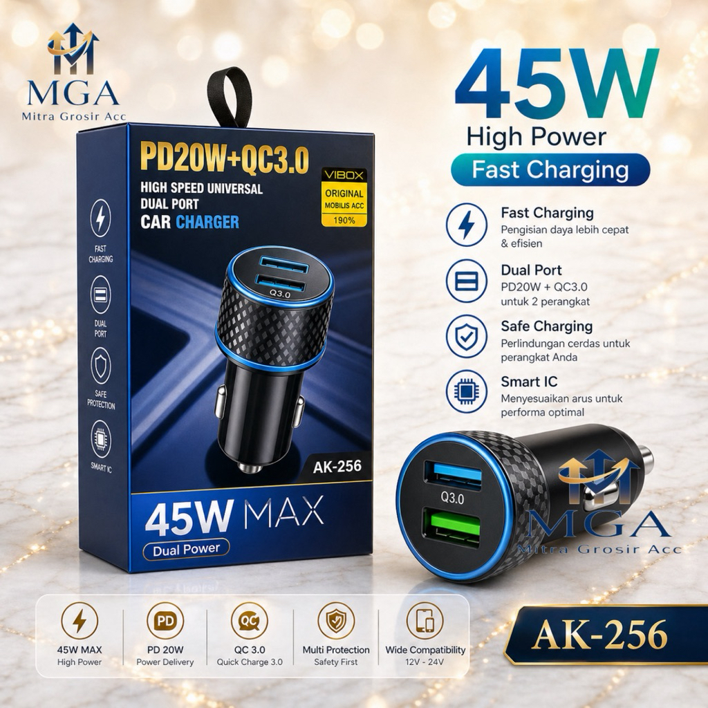 MGA - Saver Mobil Vibox AK-256 Car Charger PD 45W Fast Charging QC3.0 2port Saver Mobil Colokan Usb 