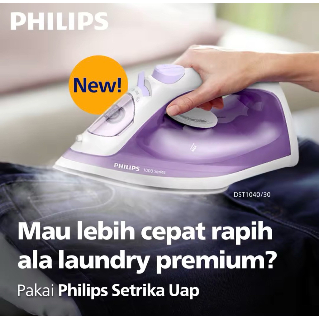 Philips Setrika Uap DST1040/30 Ungu - Lebih Cepat Rapih dengan Uap Optimal dan Semprotan Air, Tapak 