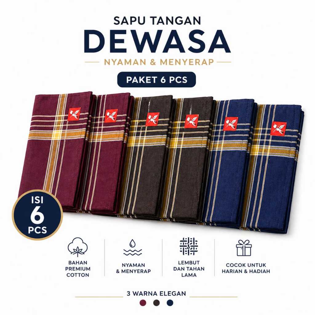 Sapu Tangan Pria Dewasa 6 PCS Premium Cotton Tebal Halus Nyaman Serap Keringat Motif Elegan