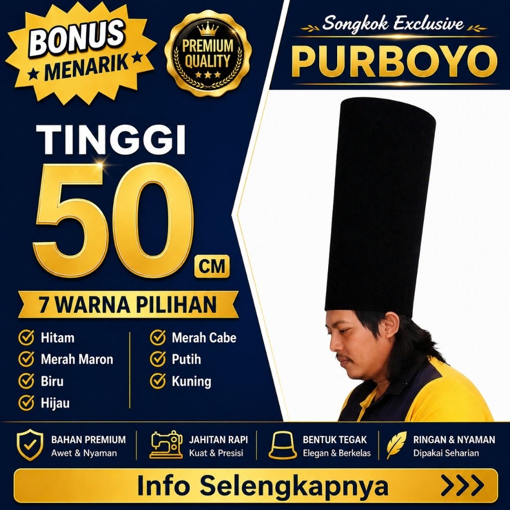 Peci Tinggi 50 cm - Bludru Halus Berkualitas Premium Model AC - Songkok Purboyo Kopiah Polos