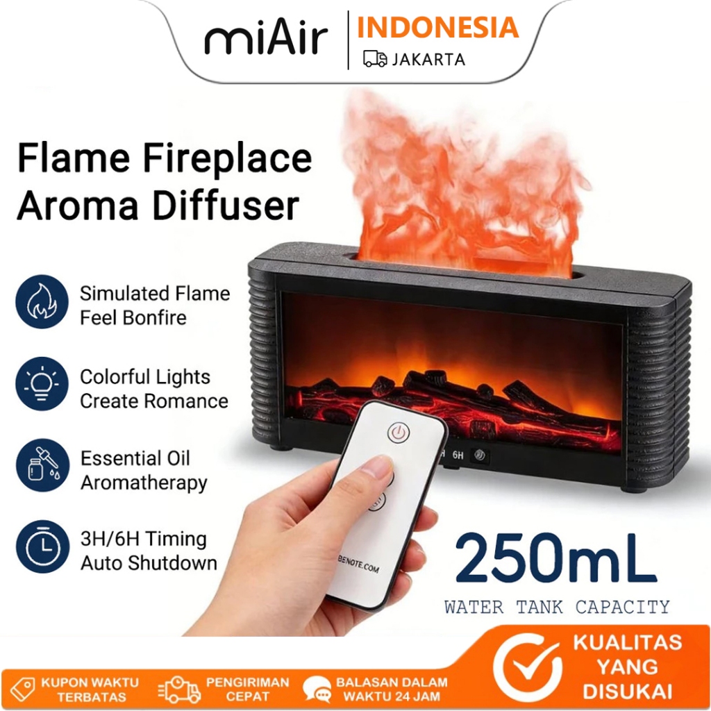 Humidifier Perapian Api 250mL - Efek Api 3D, Lampu RGB 7 Warna, Remote,Timer 3/6H,Aromaterapi,Type-C