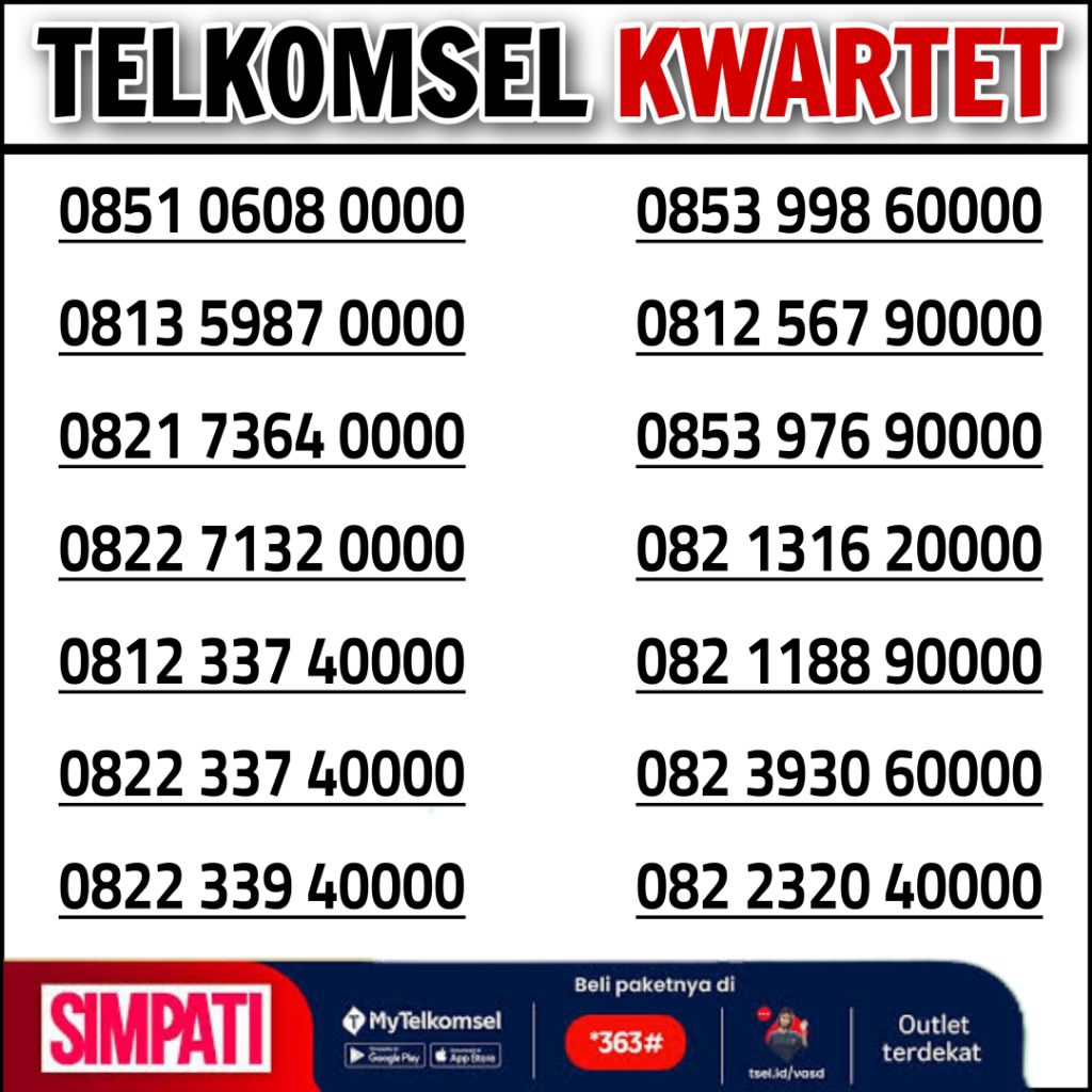 Perdana Telkomsel 0000 simpati kartu as loop Kwartet 4G 0000