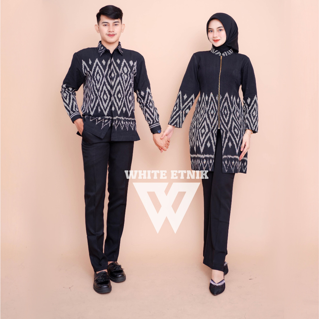 (WHITE ETHNIC) SET COUPLE TUNIK TENUN NALA BLACK- BAJU PASANGAN