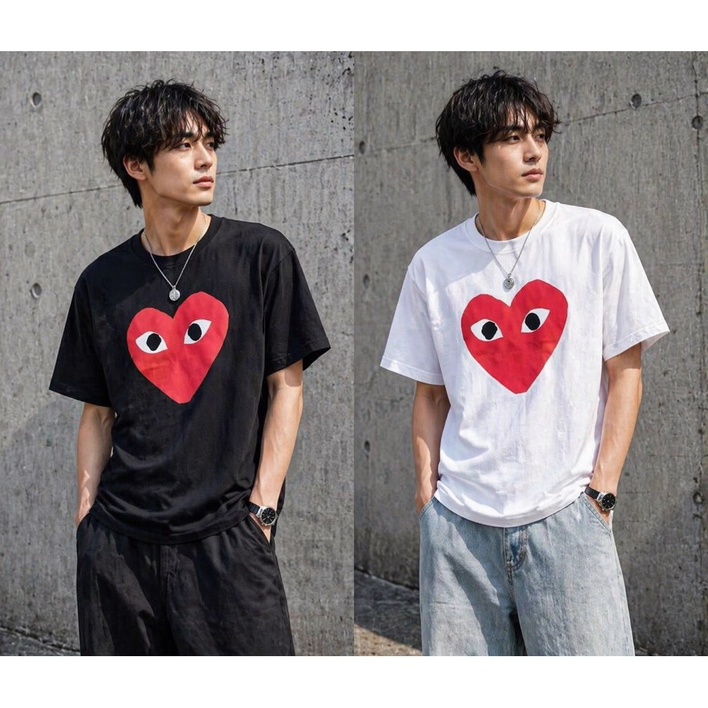 KAOS OVERSIZE CDG COME DES GARCONS PLAY RED HEART PRINTED BLACK WHITE TEES BESTSELLER