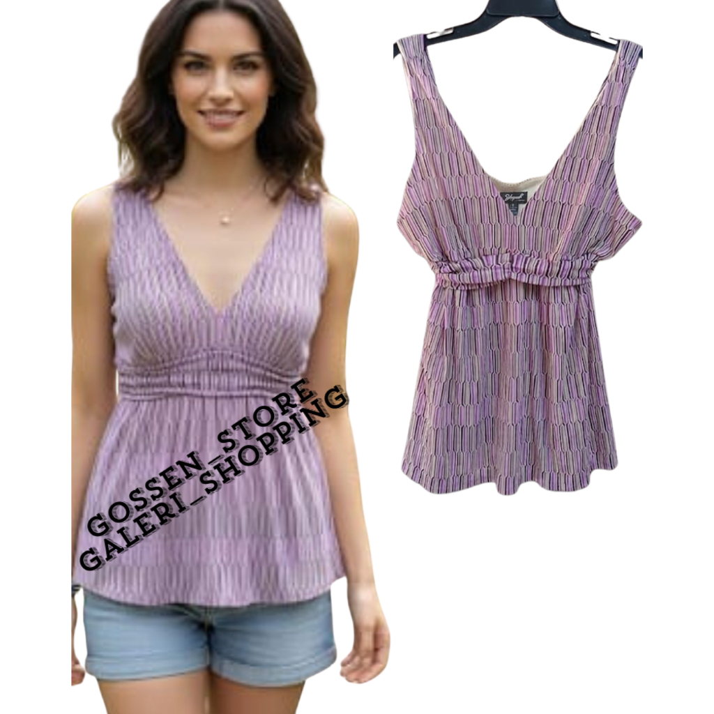 TanktopTali Dua Wanita Ungu Motif Geometris V Neck Tanpa Lengan Peplum Top Korean Style Blouse Casua