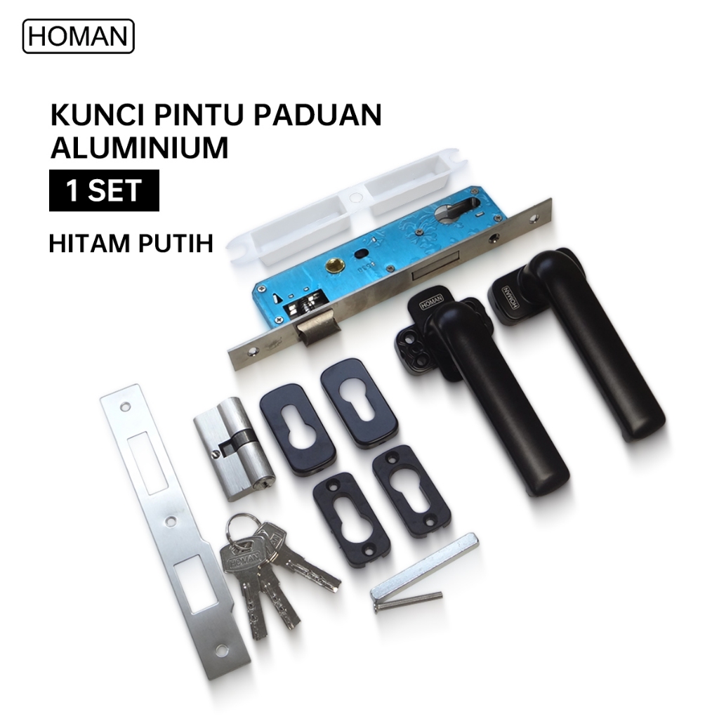 1set Handle pintu HOMAN Paduan Alumunium Kunci Pintu Paduan Alumunium Hitam Putih