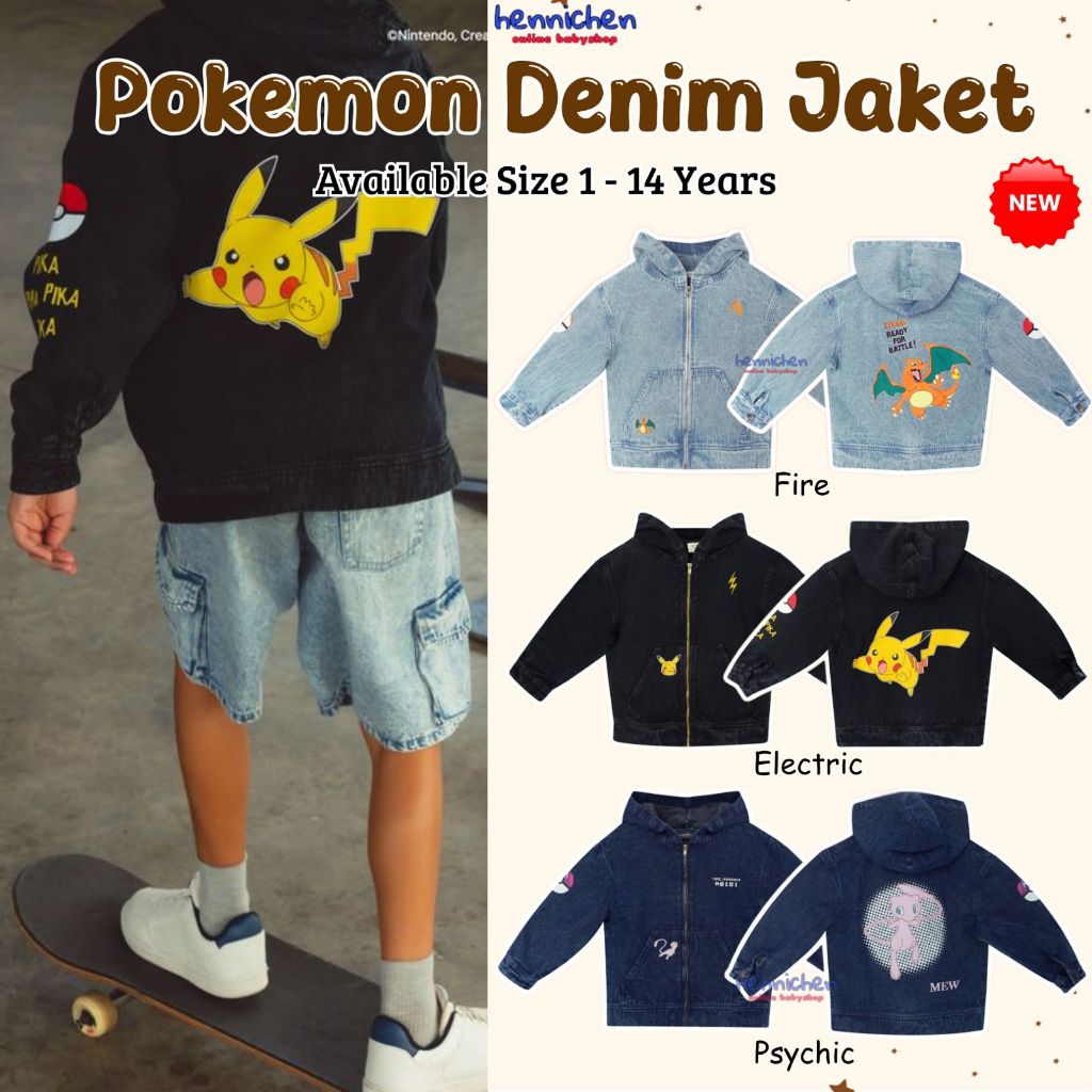 Bohopanna 1-14 Tahun Pokemon Hoodie Denim Jacket / Jaket Jeans Pokemon Fashion Anak Unisex