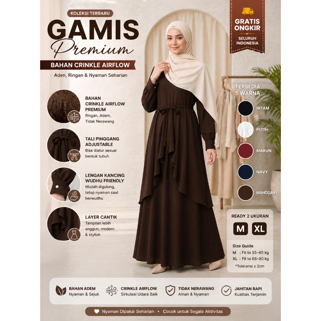 Gamis Wanita Crinkle Airflow Premium Dress Muslim Kekinian Remaja OOTD Lebaran Kondangan Elegan