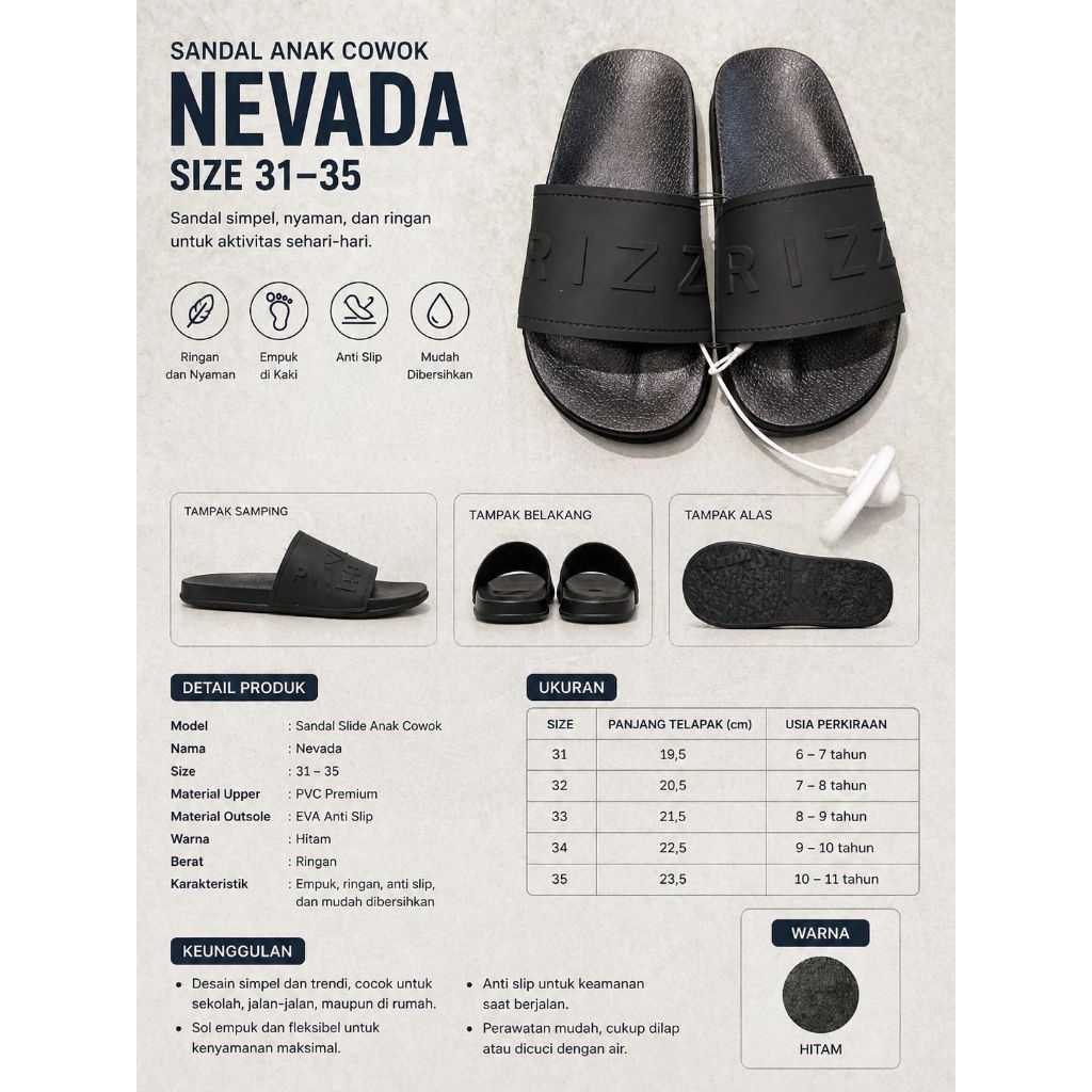 SANDAL ANAK COWOK NEVADA SANDAL PYLON ANTI AIR SIZE 31-35 MATAHARI STORE