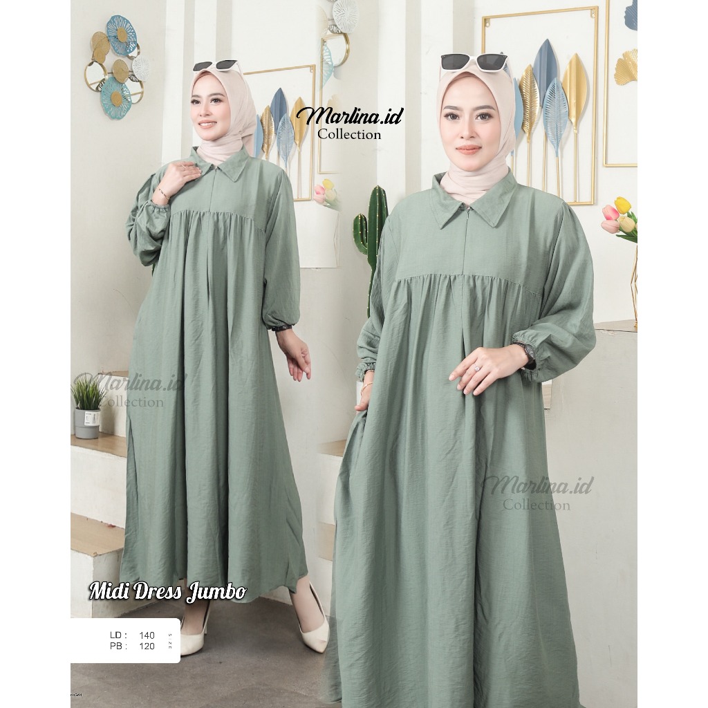 Midi Dress Polo Linen Jumbo Terbaru Home Dress Wanita Big Size Kekinian Busui Friendly Ld 140 Polos