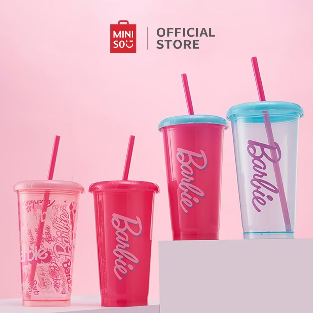 Satuan Tumbler Plastik Miniso x Barbie dengan Sedotan