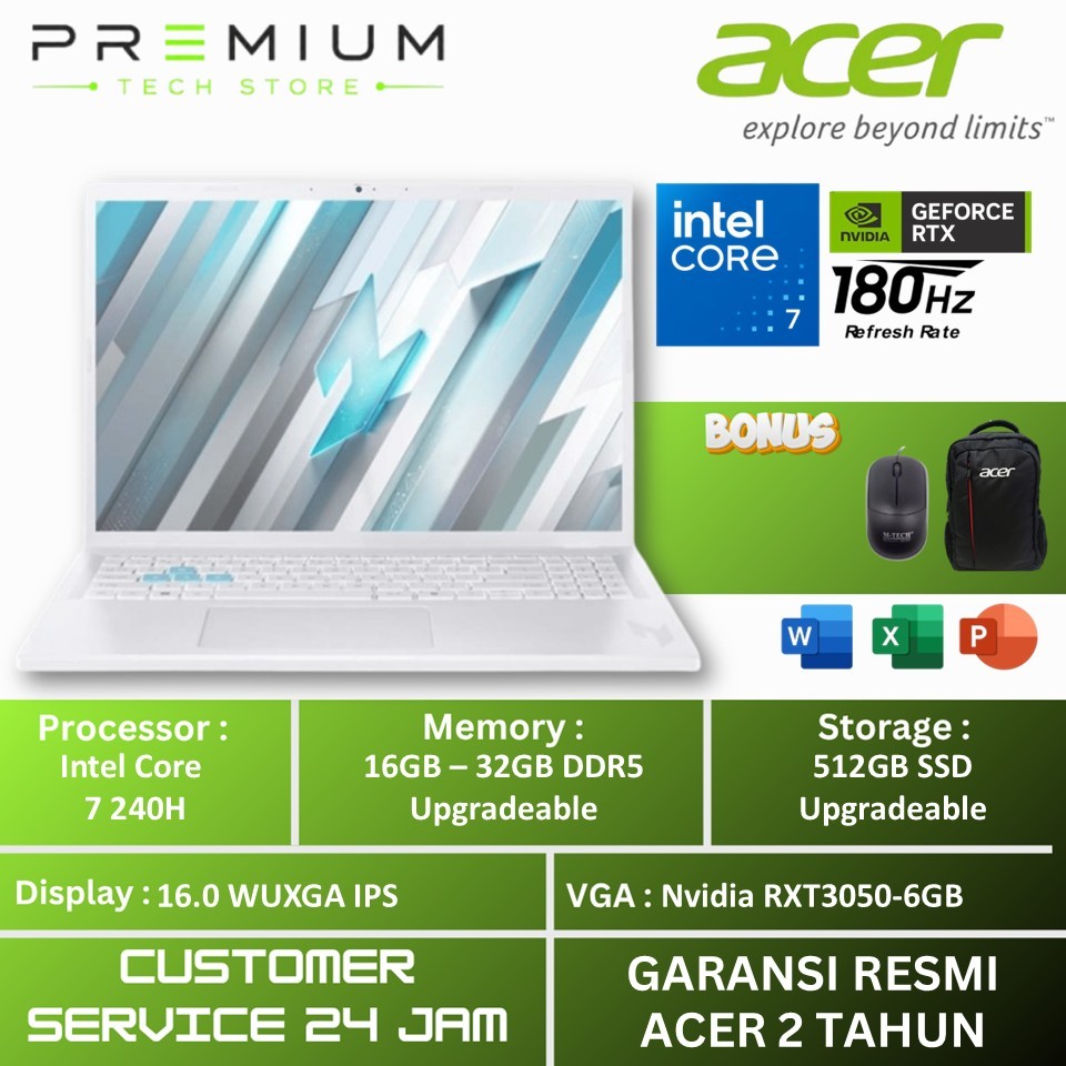 ACER Nitro Lite 16 NL16 71G RTX3050 6GB Intel Core 7 240H 32Gb 1Tb Ssd Wuxga 180Hz 100sRGB Windows11