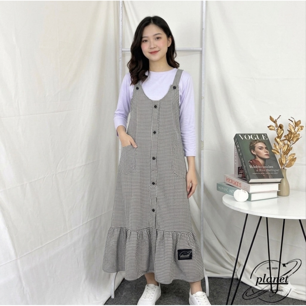 OVERALL DRESS WANITA HOUNDSTOOTH OUTER PANJANG MOTIF KOTAK