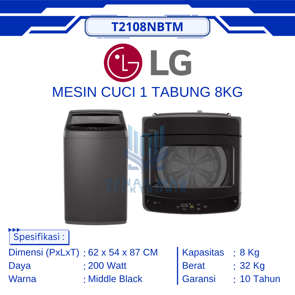 LG - MESIN CUCI 1 TABUNG T2108NBTM 8KG | TOP LOADING LG 8KG