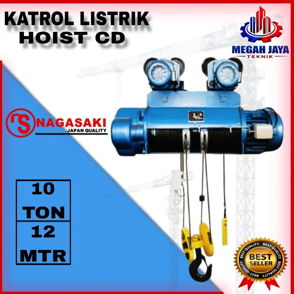 ELECTRIC WIRE ROPE HOIST WITH TROLLY KAPASITAS 10 TON X 12 MTR 380V/3 PHASE PLUS ELECTRIC TROLLY NAG