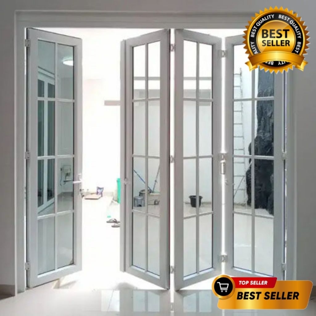 PINTU LIPAT ALUMINIUM 4DAUN FULL KACA + ORNAMEN uk. L240xT200 bisa costum ukuran GRATIS PACKING KAYU