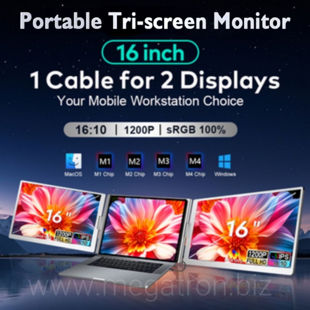 Portable Triple Screen Monitor 16 inch (1 cable) - cocok untuk laptop 16-17 inch - Support Windows & Mac M1 M2 M3 M4