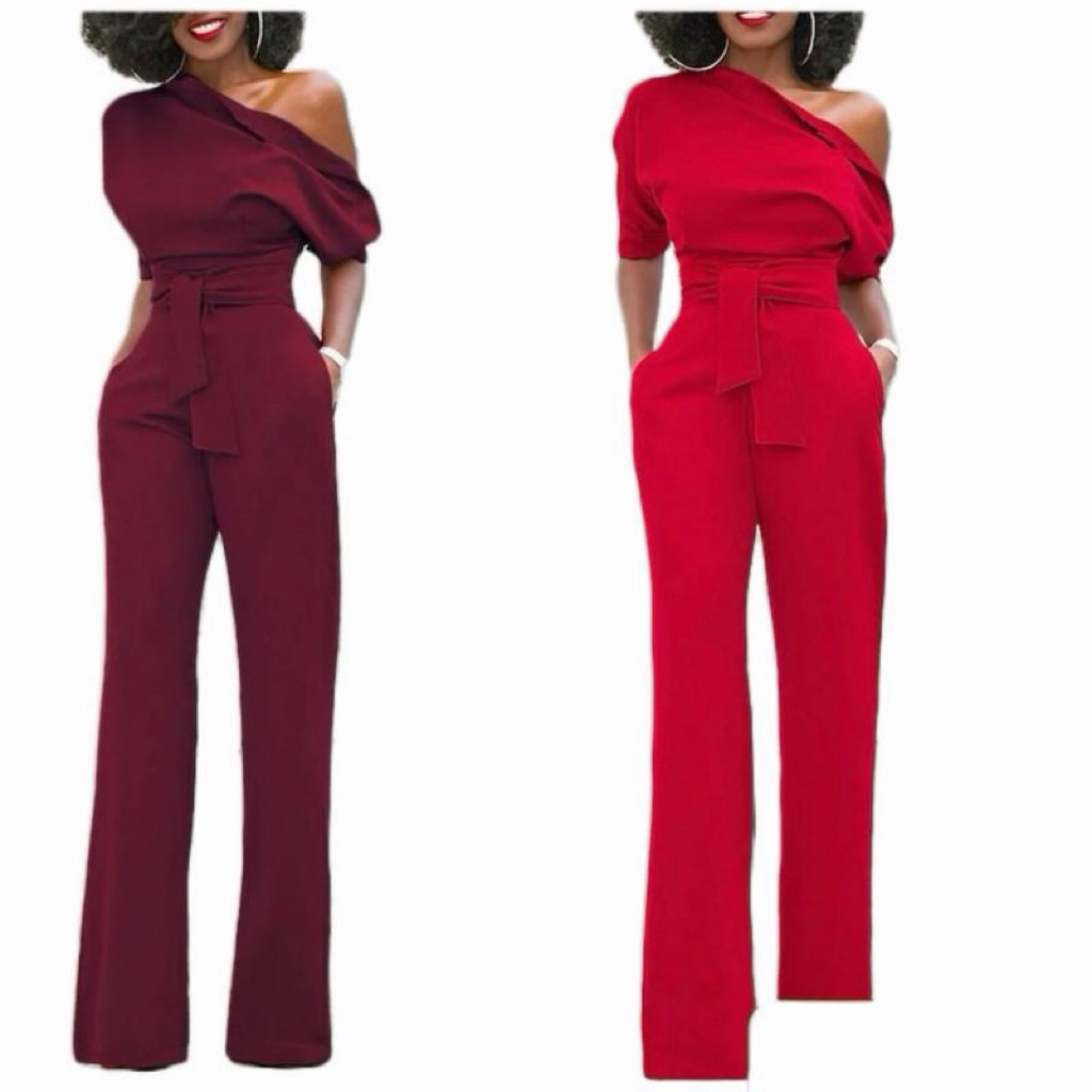 JOVITA JUMPSUIT OFFSHOLDER ASYMETRIS CELANA KULOT PANJANG/JUMPSUIT FASHION WANITA MODIS Setelan Dewa