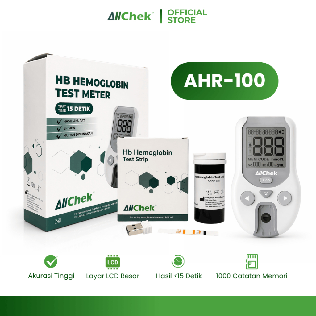 Allchek Alat Cek Hemoglobin AHR-100 Paket Starter 10 Strip Hb Meter Digital