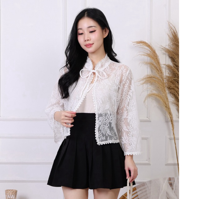 ALANNOR - Livia Outer Brokat Premium / Kardigan Lace Transparan / Outer Kondangan Hitam Putih Elegan