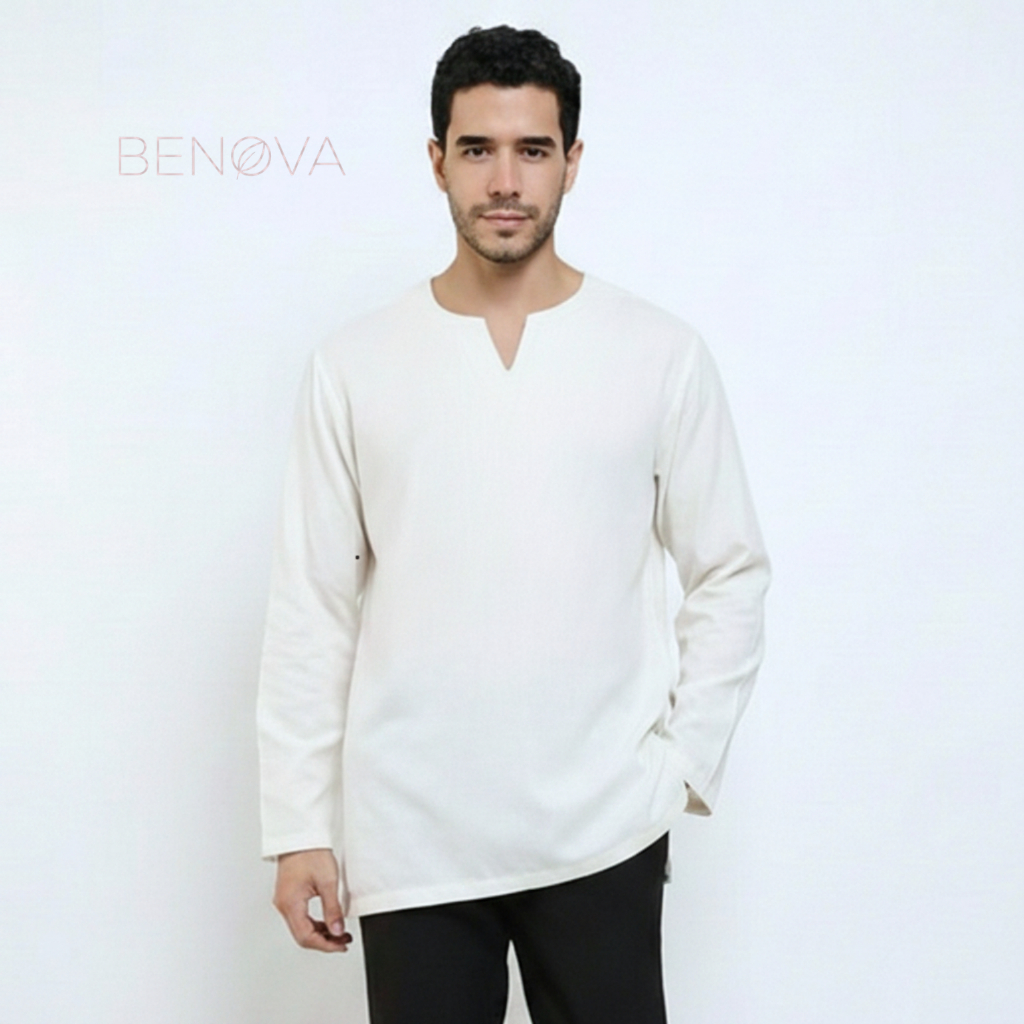 BENOVA Kemeja Linen Pria Kerah V Lengan Panjang - Mens Linen V-Neck Longsleeve Tops - Off-White