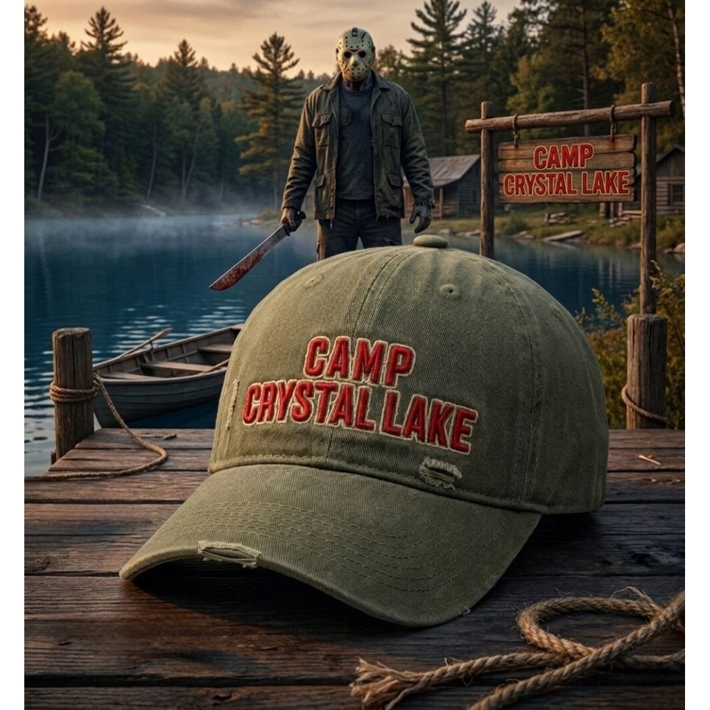 Topi Ripped Vintage Rare Camp Crystal Lake Friday the 13th Official Original Second Warna Hijau Army