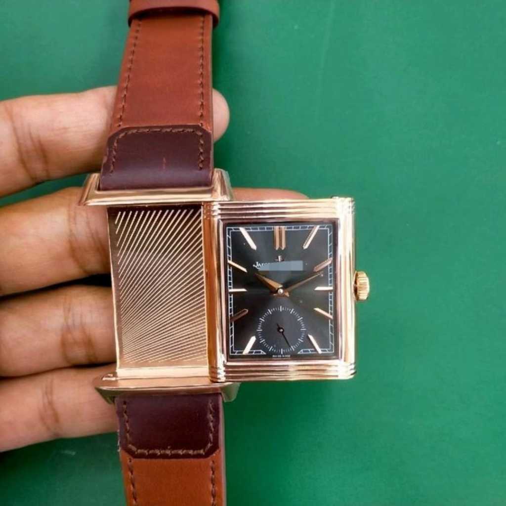 New Jam tangan pria SWISS JLC Reverso Duo Face Two face Rose Gold, black sunray dial Automatic