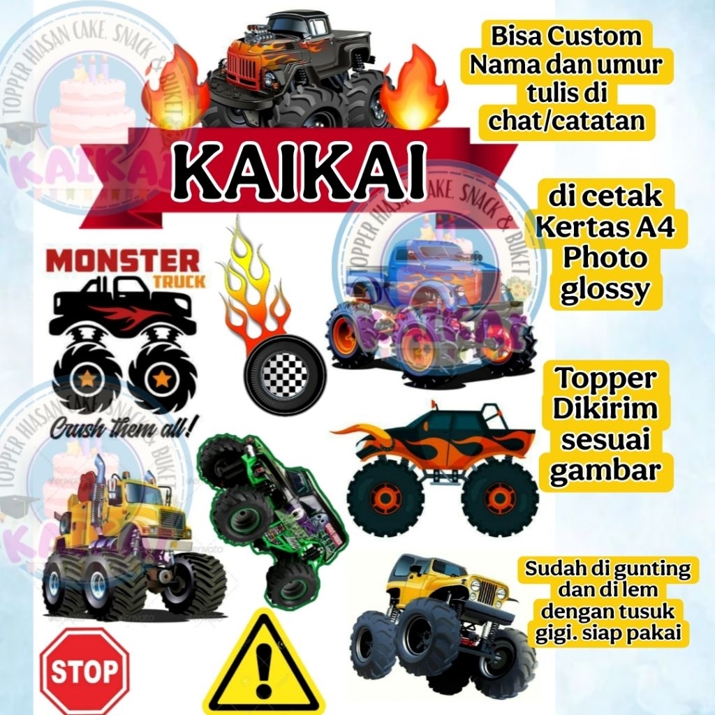 Topper Cake Monster Truck Custom Nama / Hiasan kue Mobil Monster truk