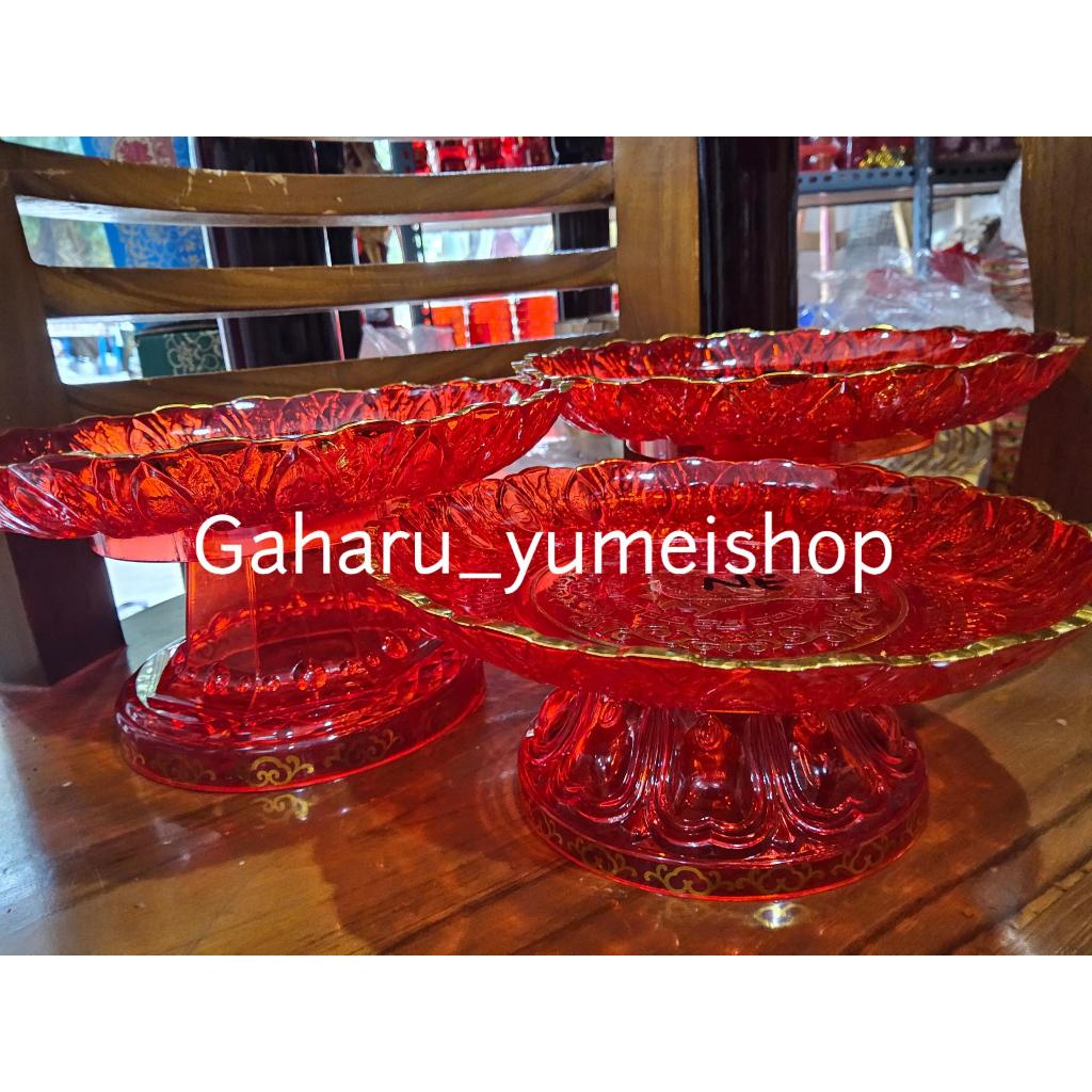Piring Merah Bening Tempat Buah Permen Kue Puja Sembahyang Dewa Kristal Plastik Kaki Tinggi