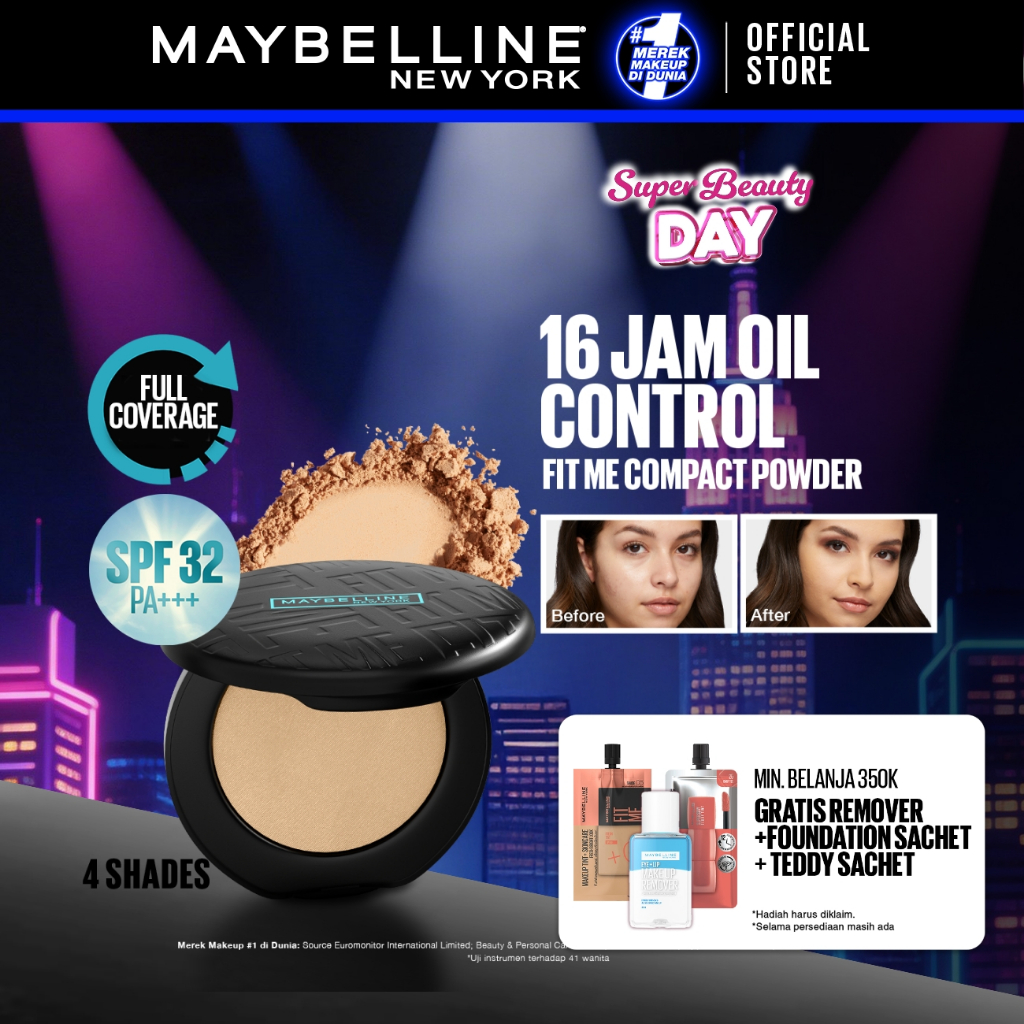 Maybelline Fit Me Matte + Poreless 16 Jam Oil Control Compact Powder Make Up Bedak Padat tahan 16 Ja