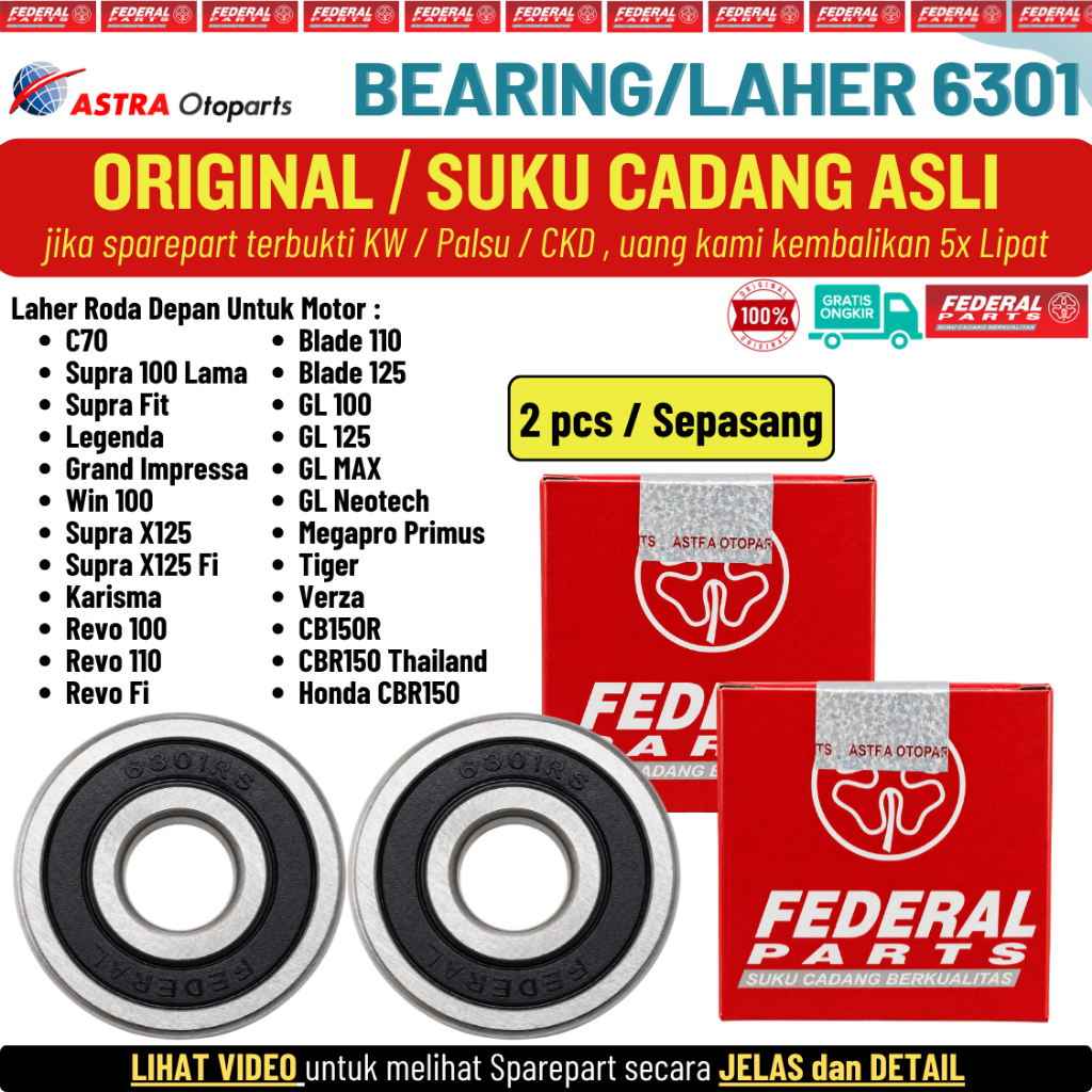 Laher Bearing Roda Belakang 6301 Supra Lama Grand Prima Legenda Astrea Impressa Supra Fit Original