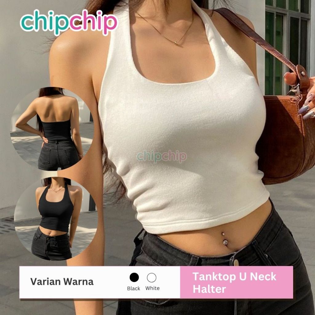 Chipchip - Tank Top Atasan Wanita Tanpa Lengan Sexy U-Neck Halter White - Tanktop halter neck T016