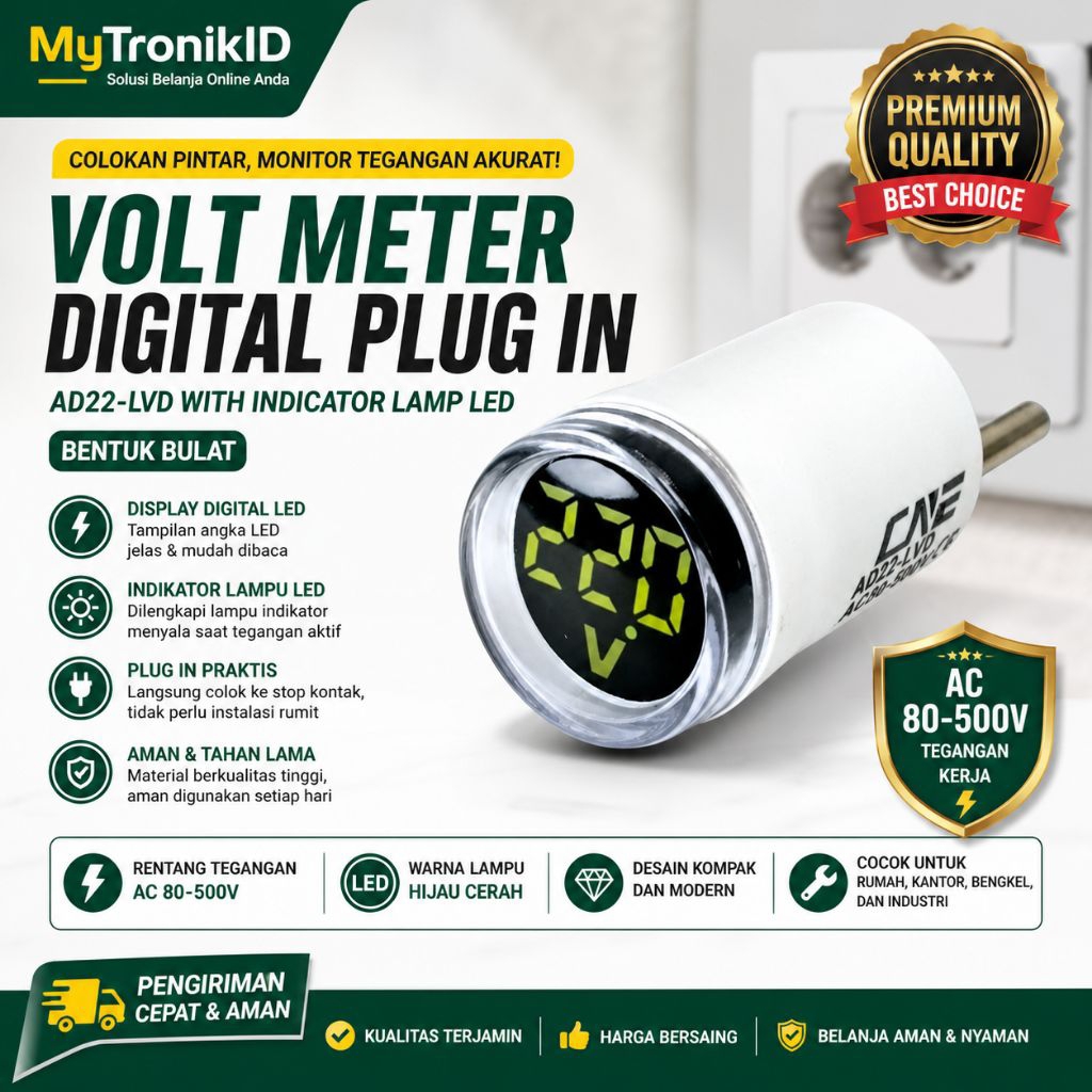 Volt Meter Digital Plug In AD22 LVD LED Bulat AC 30-500V Colokan Praktis