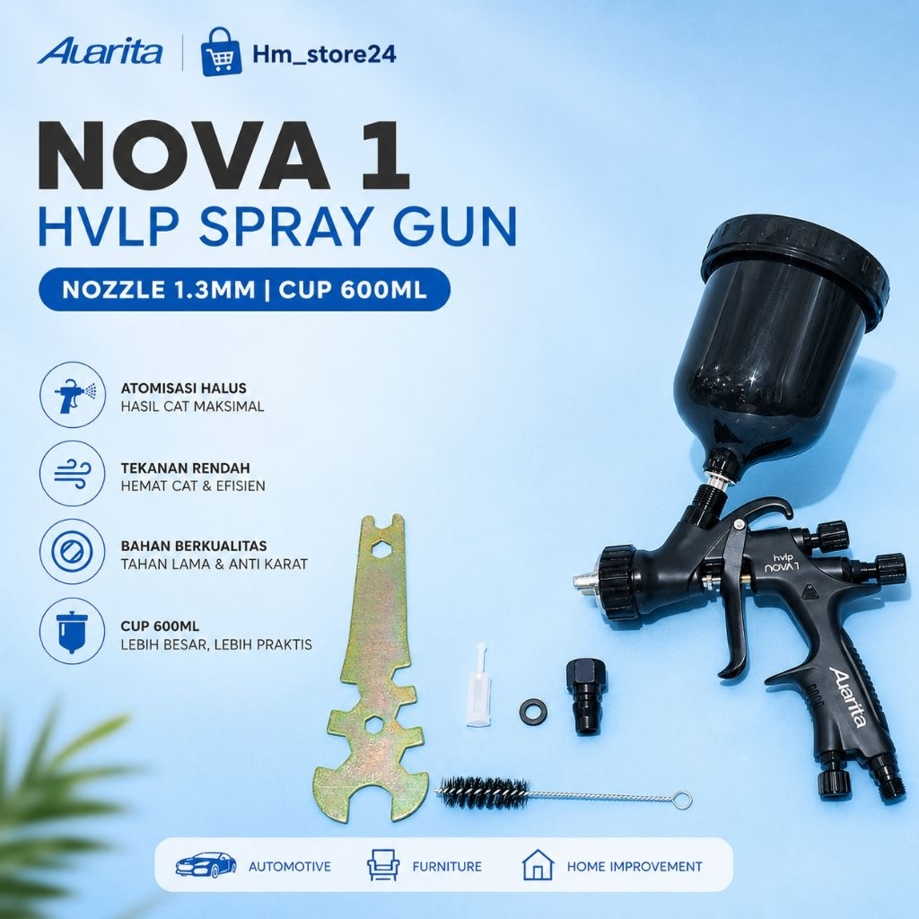 Spray Gun Alat Semprot Auarita Nova 1 Hvlp Nozzle 1.3mm Cup 600ml Berkualitas
