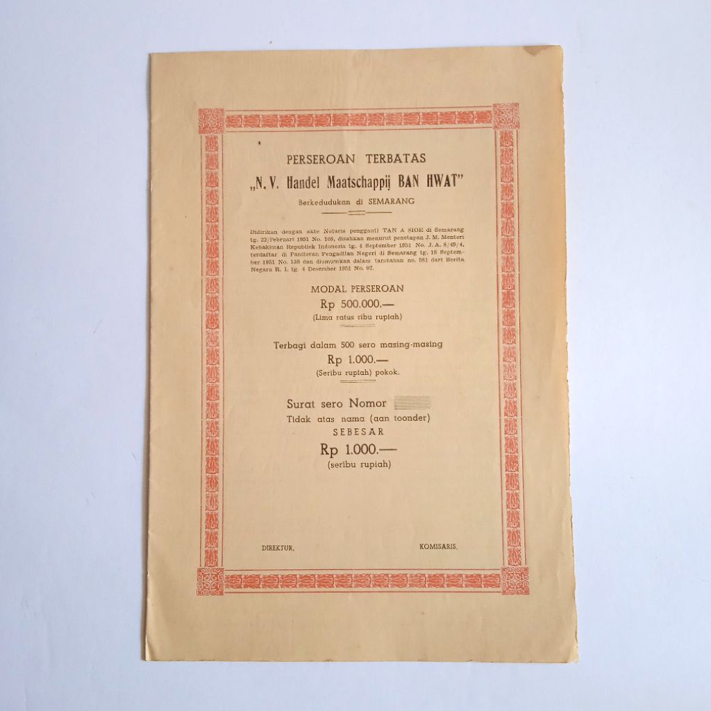 Antik Vintage Dokumen Lama Surat Obligasi N.V. Handel Maatschappij BAN HWAT Semarang 1951 Utuh Tua L