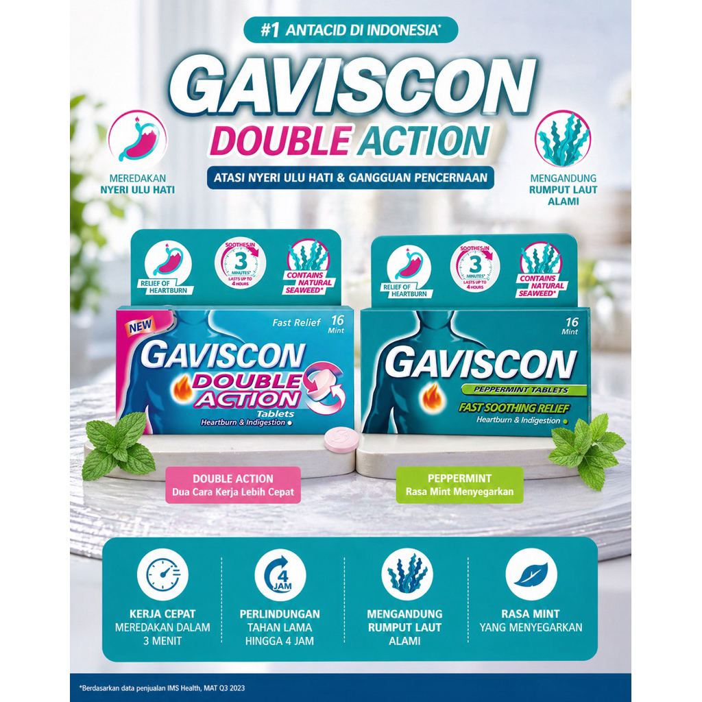 Gaviscon Double Action / Peppermint Sachet 5x10ml / Tablet Kunyah isi 16 Tablet Sakit Tekak Lambung 