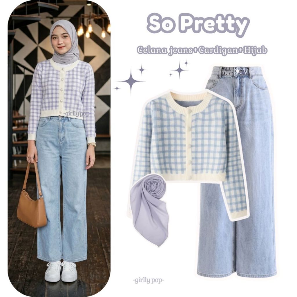 Style 3in1 OOTD Hijab Friendly so Pretty Cardigan snow, Celana jeans, Hijab Kekinian Set Hangeout Si