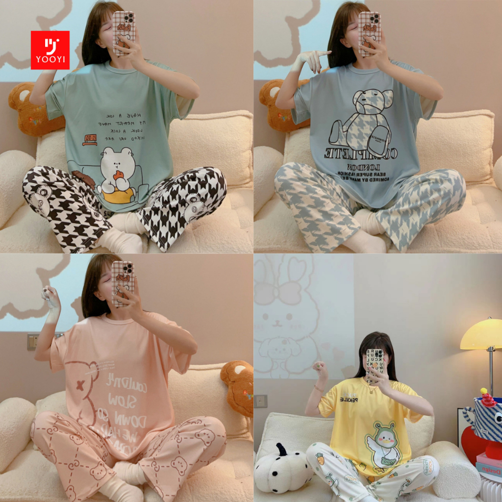 Yooyi Baju Tidur Wanita Piyama Korea Motif New Lengan Pendek Celana Panjang Motif Kartun Lucu Setela