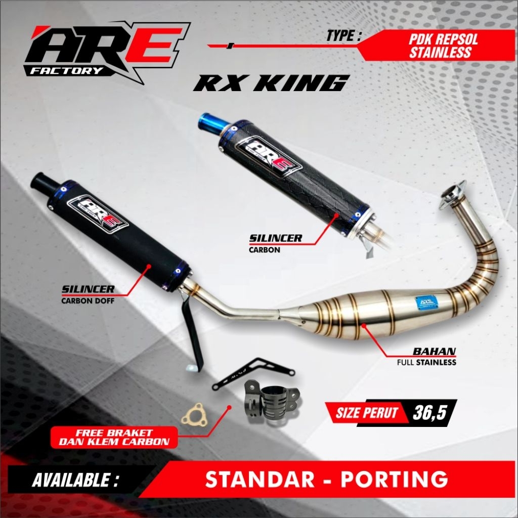 knalpot rx king kolong pdk repsol stainless silincer carbon ukuran perut 36.5 suara garing original 
