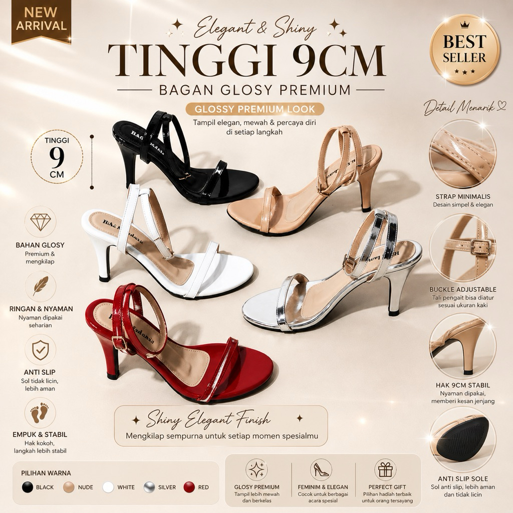 Riki Chaniago Sandal Wanita Heels Wanita Glosy Hak 7CM & 9CM Ankle Strap Open Toe Elegan Premium