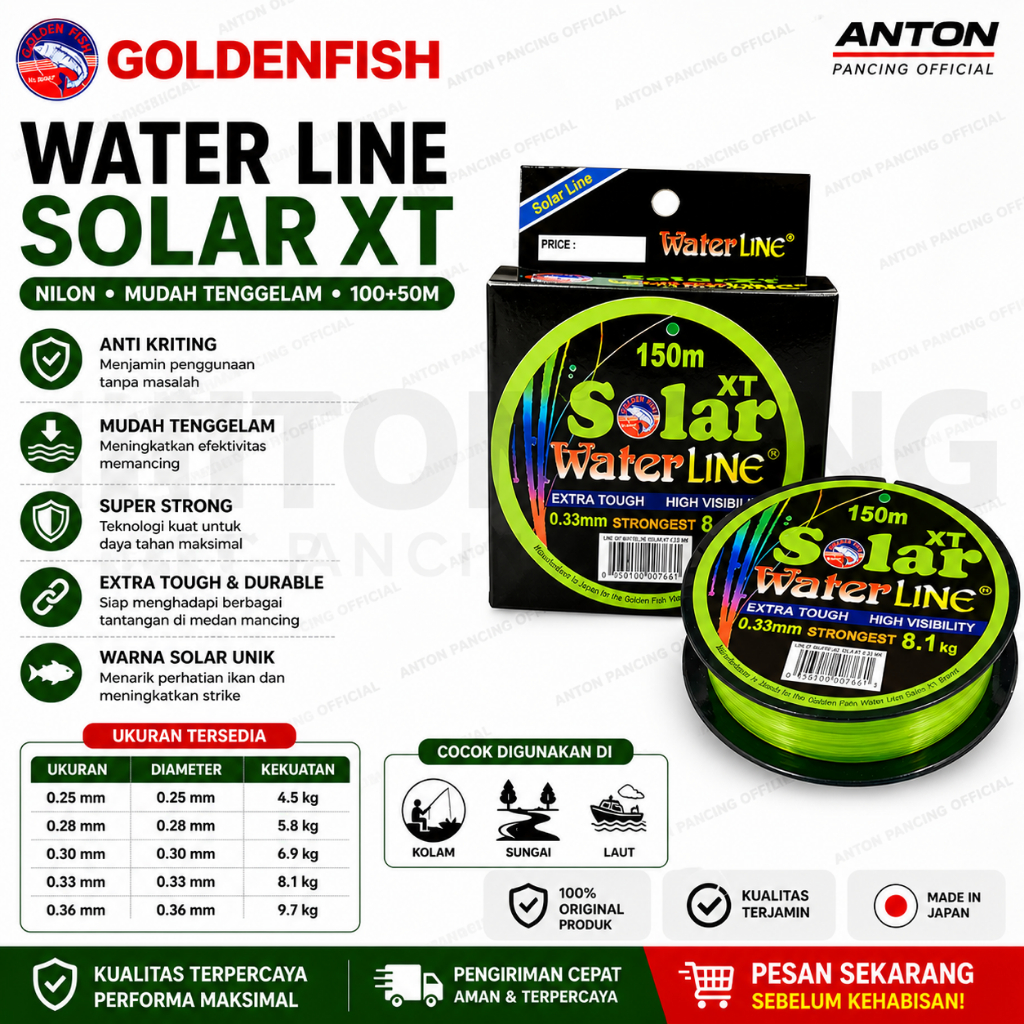 Senar Pancing Golden Fish Waterline Solar XT 150m 0,25 0,28 0,30 0,33 0,36mm Anti Kriting,Mudah Teng