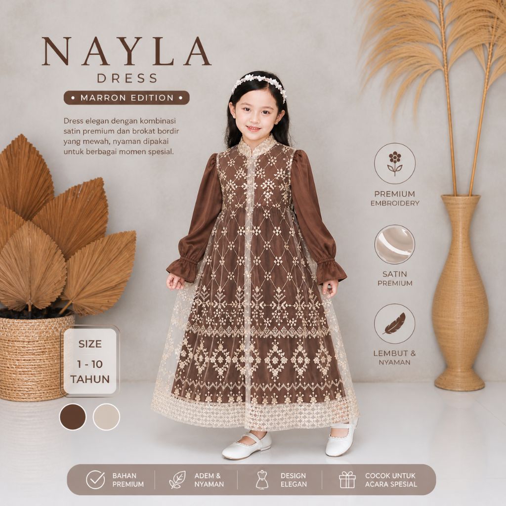 Nayla Dress Brown marron 2 -10 tahun gamis anak brokat