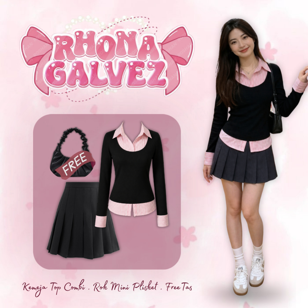 One Set Wanita Kekinian Korean Style Kemeja Fitted Yareu, Rok Mini Plisket FREE Tas OOTD Chic YAP297